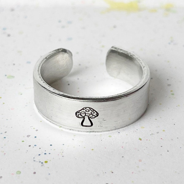 Mushroom Ring, Toadstool Jewelry, Adjustable Aluminum Metal Stamped Hand Stamped Ring,  Gift for Teen, Hippie style, cottage core jewelry