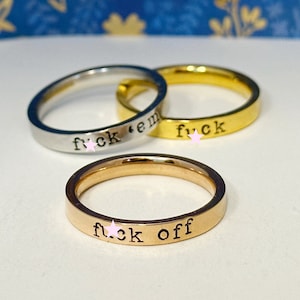 roségouden plaatring, vloekring, godslasteringring, f-woordring, fuk off-ring, fuk em-ring, brutale ring, volwassen, vloekring, metalen stempelring