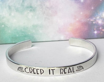 Creep It Real Cuff Bracelet, 1/4 inch Wide Aluminum Cuff, Halloween Jewelry, Gothic Jewelry, Goth Bracelet, Creepy, Bat Wing, Horror