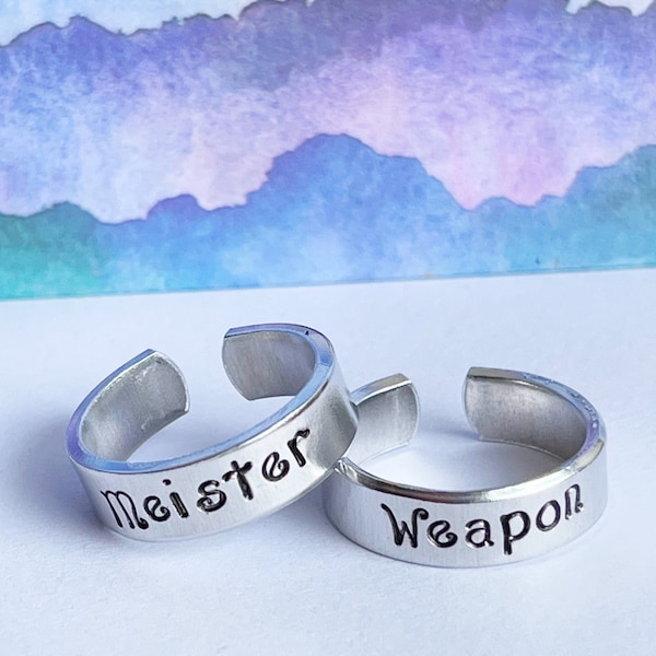Weapon and Meister, Aluminum Ring,  Adjustable Ring, Metal stamped ring, BFF ring set, Anime jewelry, Anime ring, couple rings, geeky rings