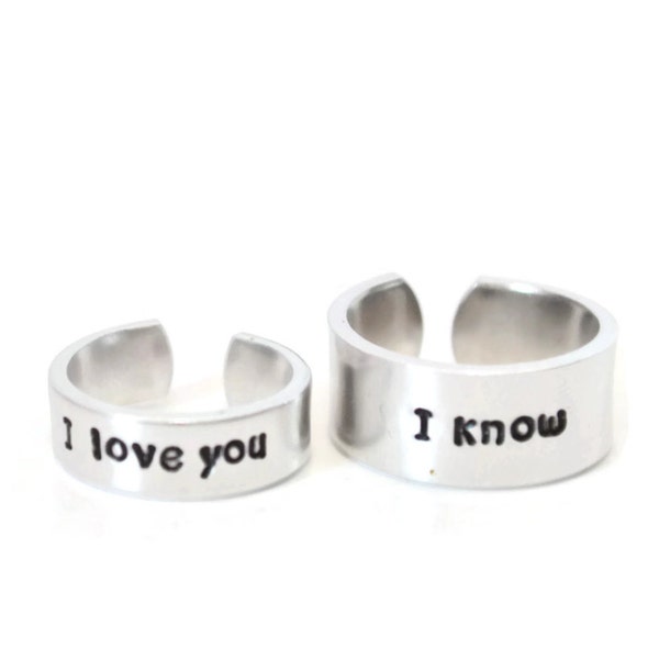 I love you and I know  space fandom adjustable aluminum ring pair // metal stamped hand stamping geekery gift for geek couple nerd sci fi