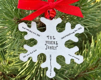 Snowflake ornament, Family ornament, custom name ornament, metal stamped ornament, gift for grandma, gift for grandpa, gift for mom,