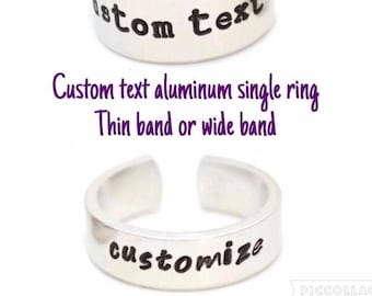 personalized ring, metal stamped ring, hypoallergenic aluminum, adjustable ring, custom text ring, name ring, gift for teen, cute ring