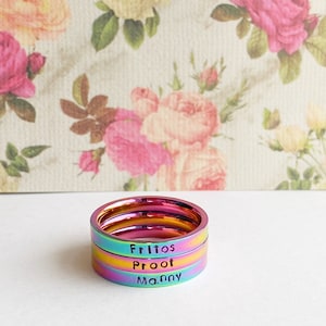 Rainbow ring, stainless steel ring, custom text ring, name ring, personalized ring, metal stamped ring, hypoallergenic ring, stacking ring