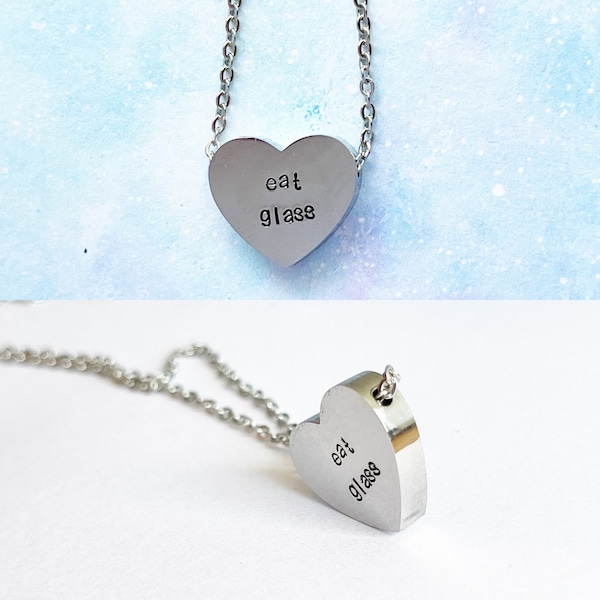 Custom Text Stainless Steel Heart Necklace  Metal Stamped Jewelry / Hypoallergenic Tarnish Proof