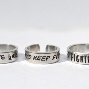 Always Keep Fighting Aluminum metal stamped Adjustable Ring // hypoallergenic rust proof and tarnish proof image 3