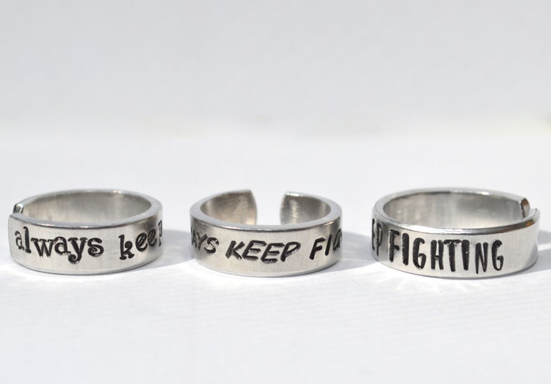 Always Keep Fighting Aluminum metal stamped Adjustable Ring // hypoallergenic rust proof and tarnish proof image 3