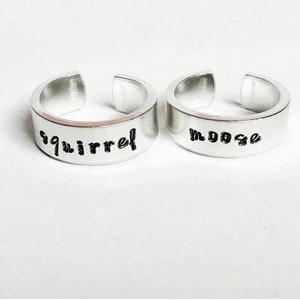 squirrel and moose rings, adjustable aluminum metal stamped ring pair, SPN fandom, bff ring set, best friend rings, geeky best friend rings image 1