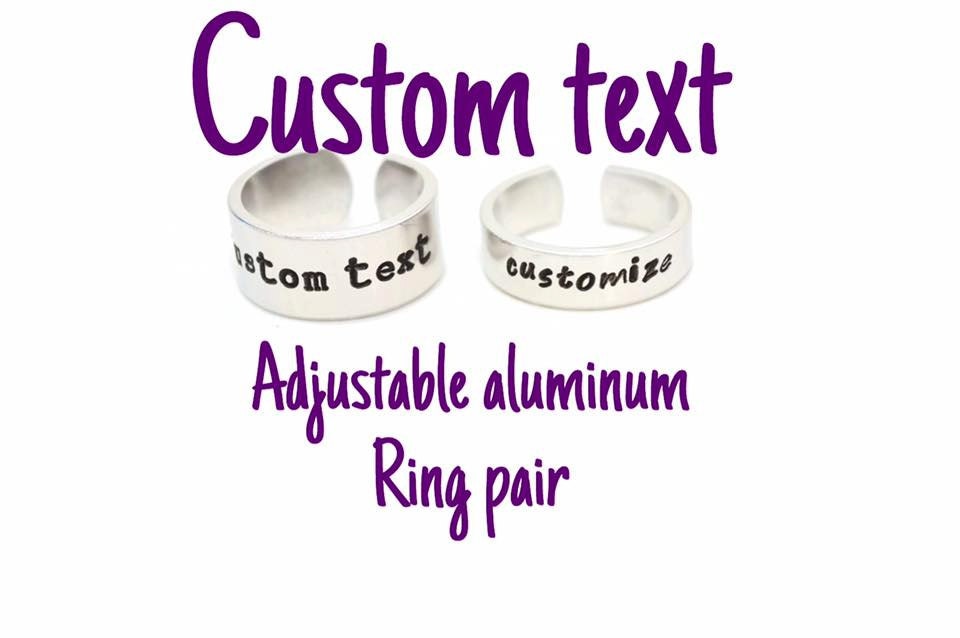custom text ring pair, adjustable aluminum rings, personalized rings, custom rings, hand stamped ring pair, couple gift, best friend gift