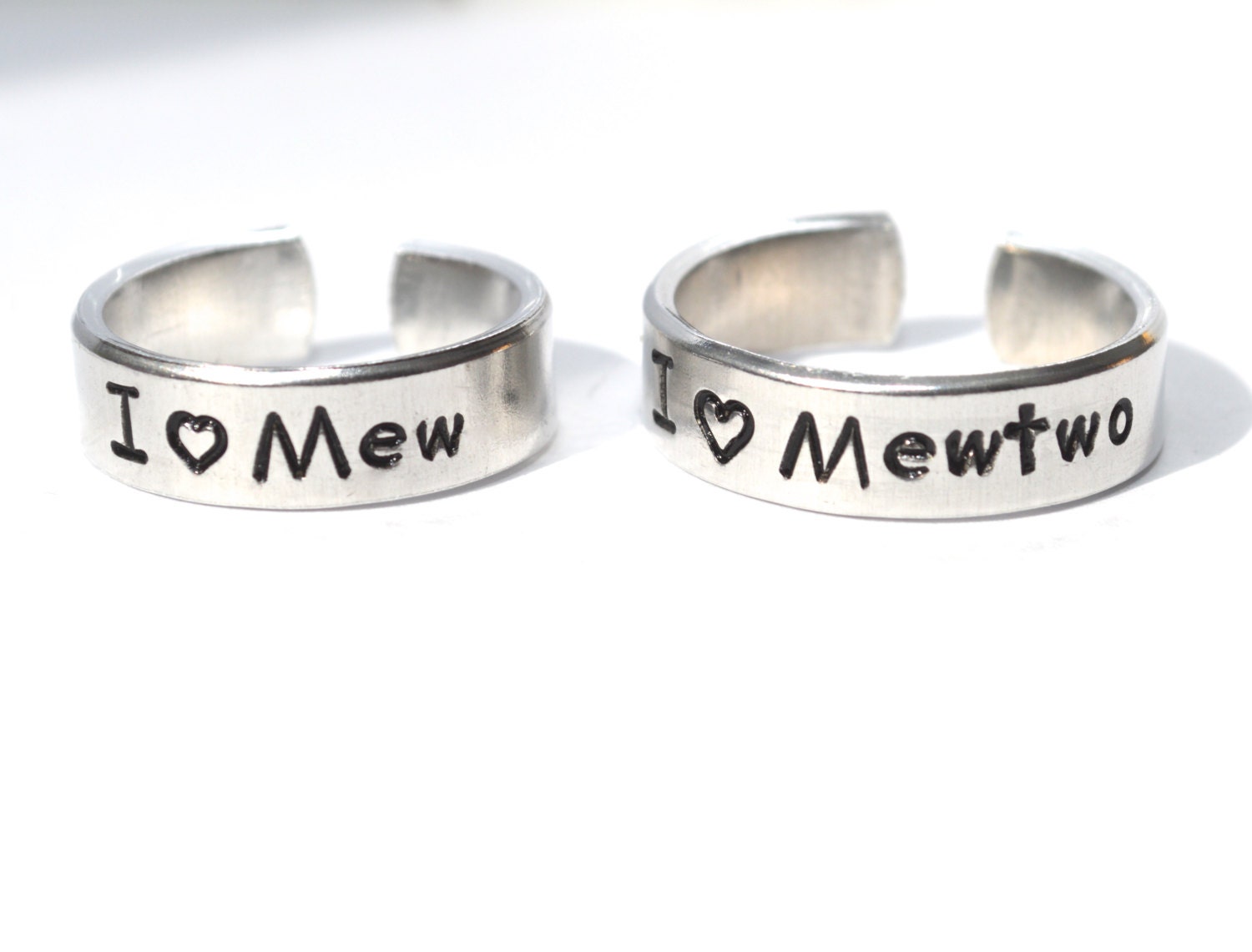 I heart mew and mew two adjustable aluminum metal stamped ring pair r…