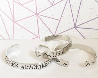 Seek Adventure Black or Colorful Text metal stamped hand stamped aluminum cuff bracelet