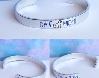 cat mom personalized metal stamped hand stamped aluminum cuff bracelet for pet owners