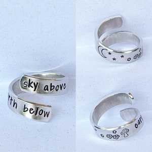 Sky above earth below ring, adjustable wrap ring, metal stamped jewelry, hypoallergenic aluminum ring, inspirational jewelry, spiritual ring