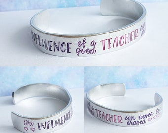 Teacher Appreciation Bracelet Aluminum Metal Stamped Cuff 1/2 Inch, Hand Stamped Jewelry, Gift for Teacher, Hypoallergenic, Tarnish Proof