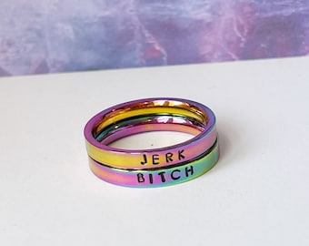 Bitch, Jerk and Assbutt Rings, Stainless Steel Ring, Trio silver, gold or rose gold, Hypoallergenic Ring, BFF ring set, fandom ring, geekery