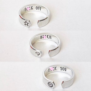 Hidden swear word, metal stamped ring, hypoallergenic ring, adjustable ring, sweary ring, mature, profanity ring, f you ring, sassy ring