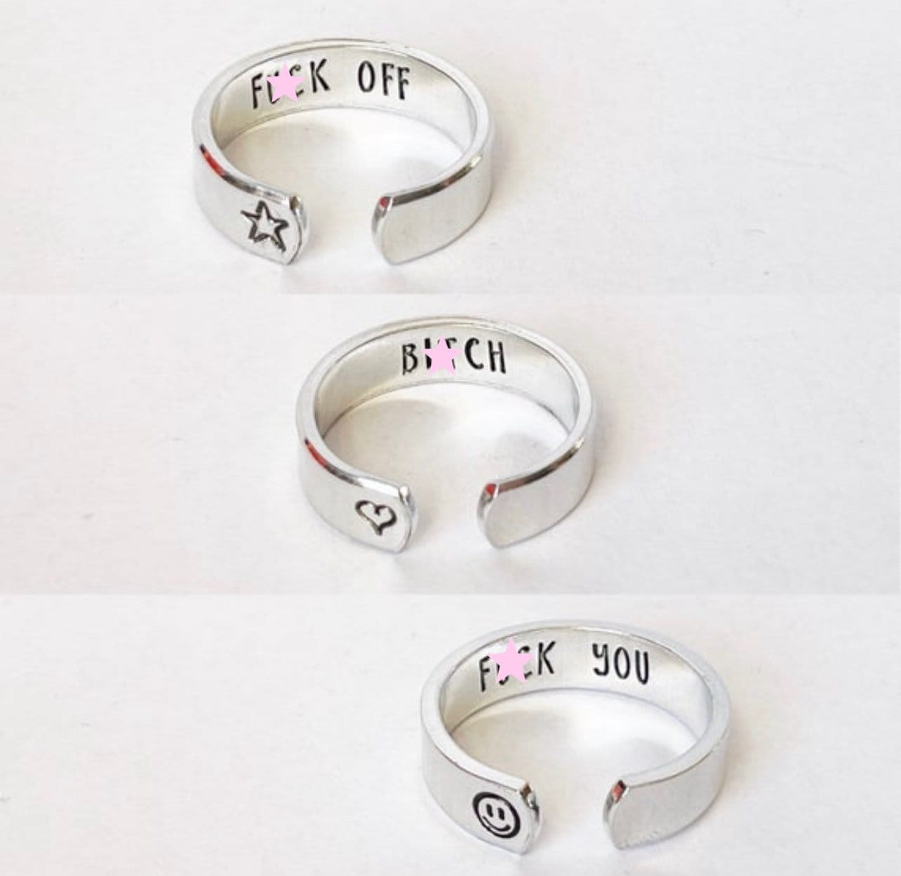 hidden swear word single adjustable aluminum metal stamped ring  // c…
