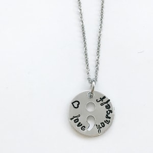 personalized semicolon necklace with stainless steel chain -  strength semi  colon depression inspirational necklace metal stamped self care