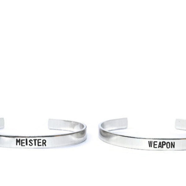 Weapon and Meister, Aluminum cuff,  cuff bracelet, Metal stamped bracelet, BFF bracelet set, Anime jewelry, couple bracelet, geeky cuff