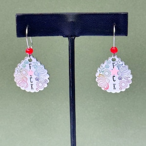 F word earrings, sweary earrings, profanity earrings, metal stamped jewelry, hypoallergenic, mature gift, swear floral earrings, sassy gift