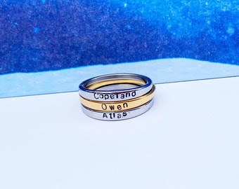 SINGLE Thin Stacking Ring made from Gold, Rose Gold or Silver Stainless Steel. Mom rings, name rings, mother rings, gift for Mother&#39;s Day.