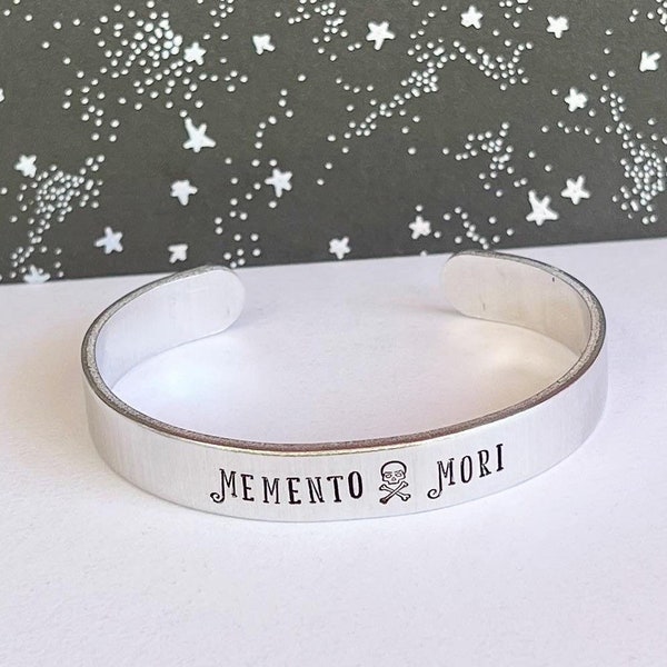 Memento Mori cuff, skull cuff, bookish bracelet, reader gift, hypoallergenic, metal stamped cuff bracelet