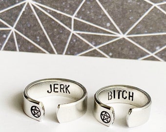 spn fandom inspired bitch and jerk hidden text adjustable metal stamped ring PAIR