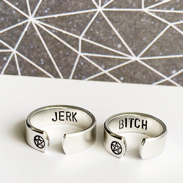 spn fandom inspired bitch and jerk hidden text adjustable metal stamped ring PAIR