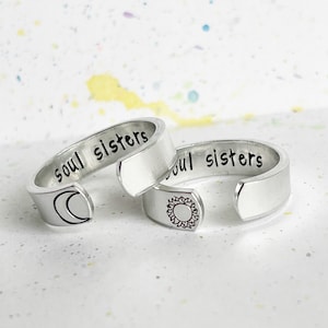 Soul Sisters Ring, Hidden Text ring, adjustable metal stamped PAIR, gift for best friends, besties jewelry, bff ring, bridesmaid ring,