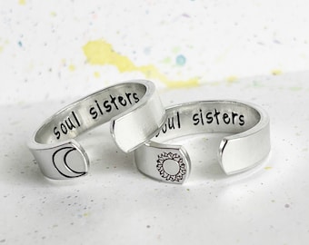 Soul Sisters Ring, Hidden Text ring, adjustable metal stamped PAIR, gift for best friends, besties jewelry, bff ring, bridesmaid ring,