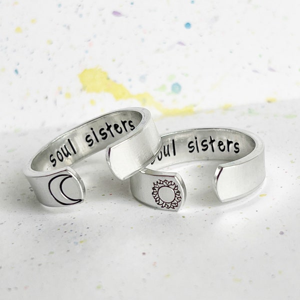 Soul Sisters Ring, Hidden Text ring, adjustable metal stamped PAIR, gift for best friends, besties jewelry, bff ring, bridesmaid ring,