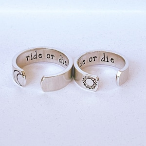 Hidden text, Ride or Die adjustable metal stamped ring PAIR, gift for bffs, besties jewelry, hand stamped, best friend rings, bff ring