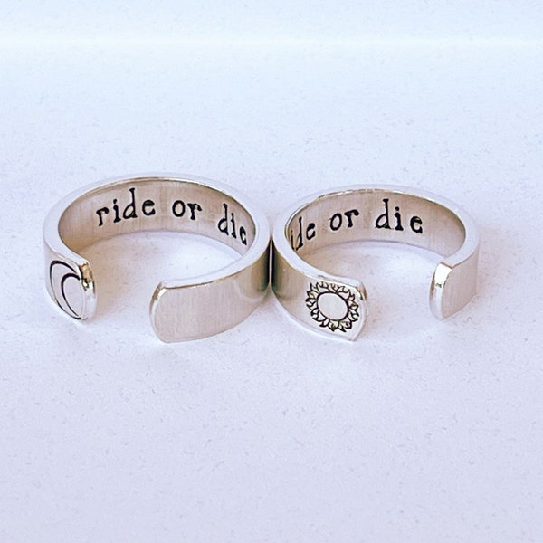 Hidden text, Ride or Die adjustable metal stamped ring PAIR, gift for bffs, besties jewelry, hand stamped, best friend rings, bff ring