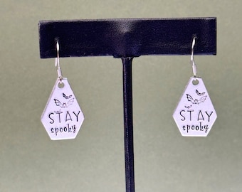 Stay spooky bat earrings, Halloween earrings, goth earrings, scary earrings, horror earrings, metal stamped earrings, gift for goth