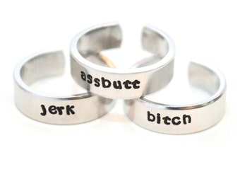 jerk bitch and idjit ring set, aluminum adjustable rings, metal stamped rings, geeky best friend rings, fandom jewelry, SPN ring, idjit ring