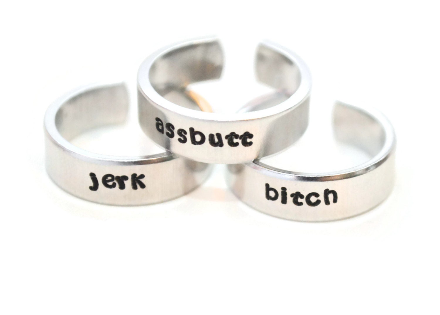 jerk, bitch and idjit set of 3 adjustable aluminum rings .