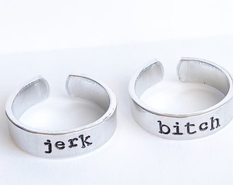 SPN Inspired, jerk and bitch rings, adjustable aluminum metal stamped ring pair, gift for geek, bitch ring, jerk ring