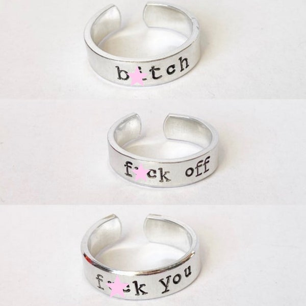 swear word single adjustable aluminum metal stamped ring // creep jerk slut offensive profanity bitch