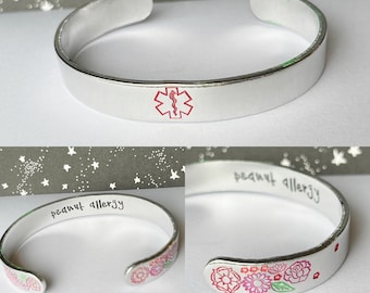 Medical Alert Bracelet,  3/8 inch wide, Aluminum Cuff Bracelet with custom text, custom medical alert, spoonie gift, allergy bracelet