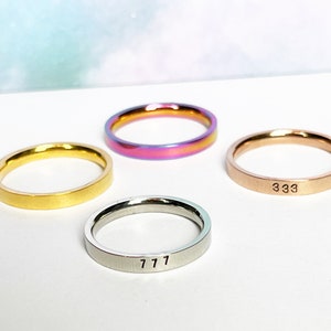 Angel Number Ring, Stainless Steel Ring, Custom Number Ring in Silver, Gold, Rose Gold or Rainbow, Metal Stamped Ring, 111,777,888,999,222