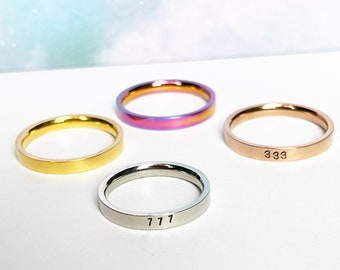 Angel Number Ring, Stainless Steel Ring, Custom Number Ring in Silver, Gold, Rose Gold or Rainbow, Metal Stamped Ring, 111,777,888,999,222