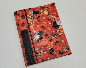 Red Flowers and Butterfly fabric Journal Cover, Refillable Journal Cover, Notebook Cover, Composition Notebook Cover, Gardening Notes, Diary