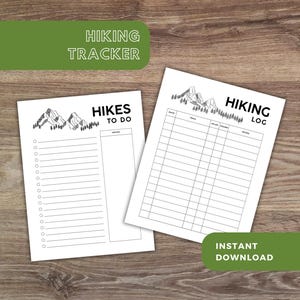 Può includere: Due fogli bianchi stampabili per il monitoraggio delle escursioni su una superficie di legno. Uno è etichettato "Hikes to Do" e l'altro "Hiking Log". Entrambi hanno una grafica di montagna e sono visibili anche le parole "Hiking Tracker" e "Instant Download".
