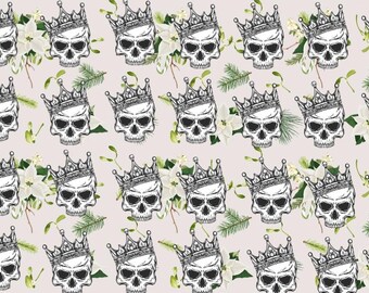 May include: A seamless pattern featuring white flowers, green leaves, and a repeating design of black and white skulls wearing gold crowns.