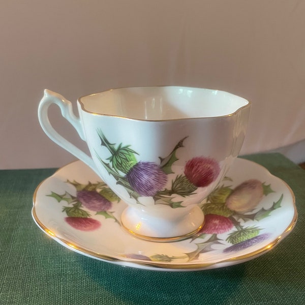 Queen Anne Bone China England, Thistle, Bone China Teacup and Saucer Set,