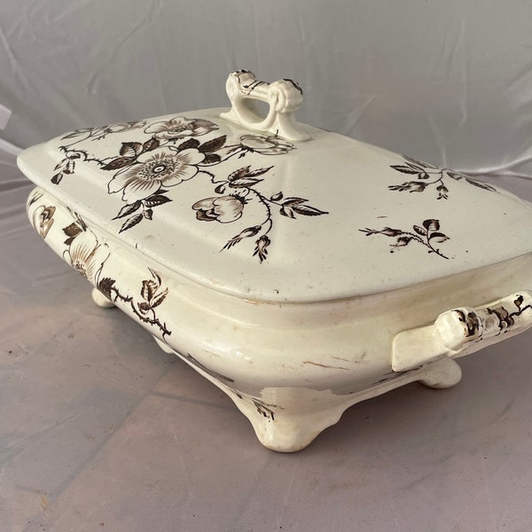 Antique Earthenware Transferware Tureen with lid, Soup Tureen, Brown and White transferware Covered Dish, Antique Vegetable Dish