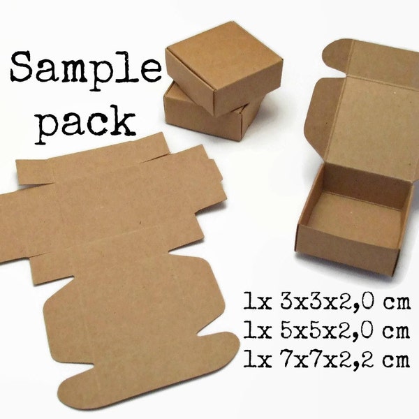 Probeerpakket kraft boxes in drie maten: 3x3 + 5x5 + 7x7 cm (kraft box papier bruin karton doosje doos gift box verpakking sieraden cadeau)