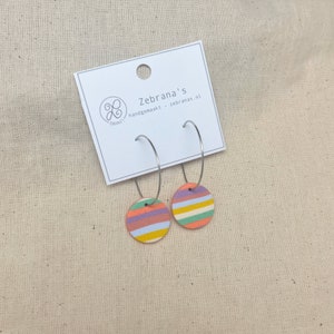 Stainless steel wire hoops round clay charm with stripes rainbow striped clay earrings spring collection stainless steel hoops Zebranas image 1