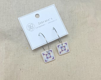 Rvs wire hoops | with square tile clay charm | BLOSSOM PINK polymer clay earrings | spring collection 24 | stainless steel hoops | Zebranas