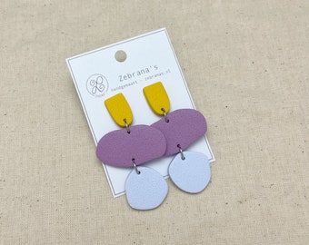 Clay trio statement earrings | HONEY yellow, PANSY blue, LAVENDER | spring collection 2024 | stainless steel stud earrings | Zebranas